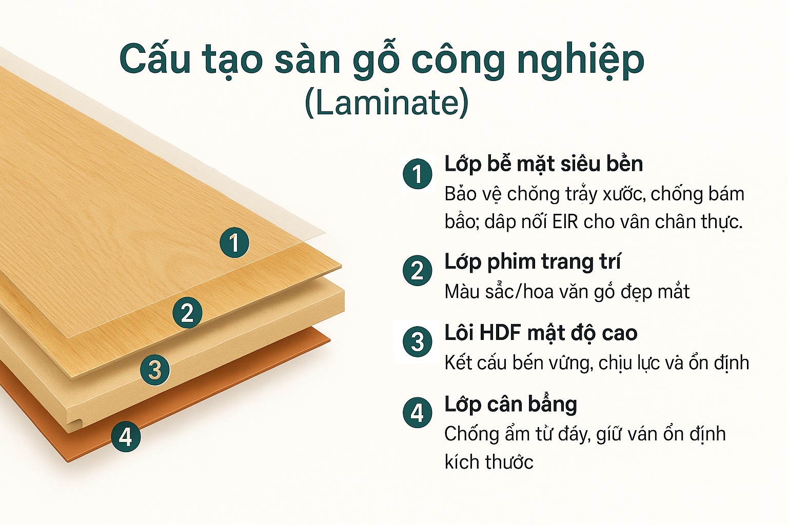 Cấu tạo 4 lớp của sàn gỗ công nghiệp HDF